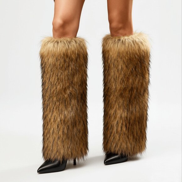 Brown tones Women's  Knee High Faux Fur Stiletto Heel Boots - Picture 3 of 6